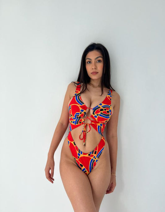 Carib Tie Front Cut Out One Piece // Calypso Red Blue Print