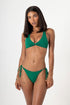 Model wearing the Havana supportive halter bikini top in jalapeño green with plunge neckline and gold hoop detail