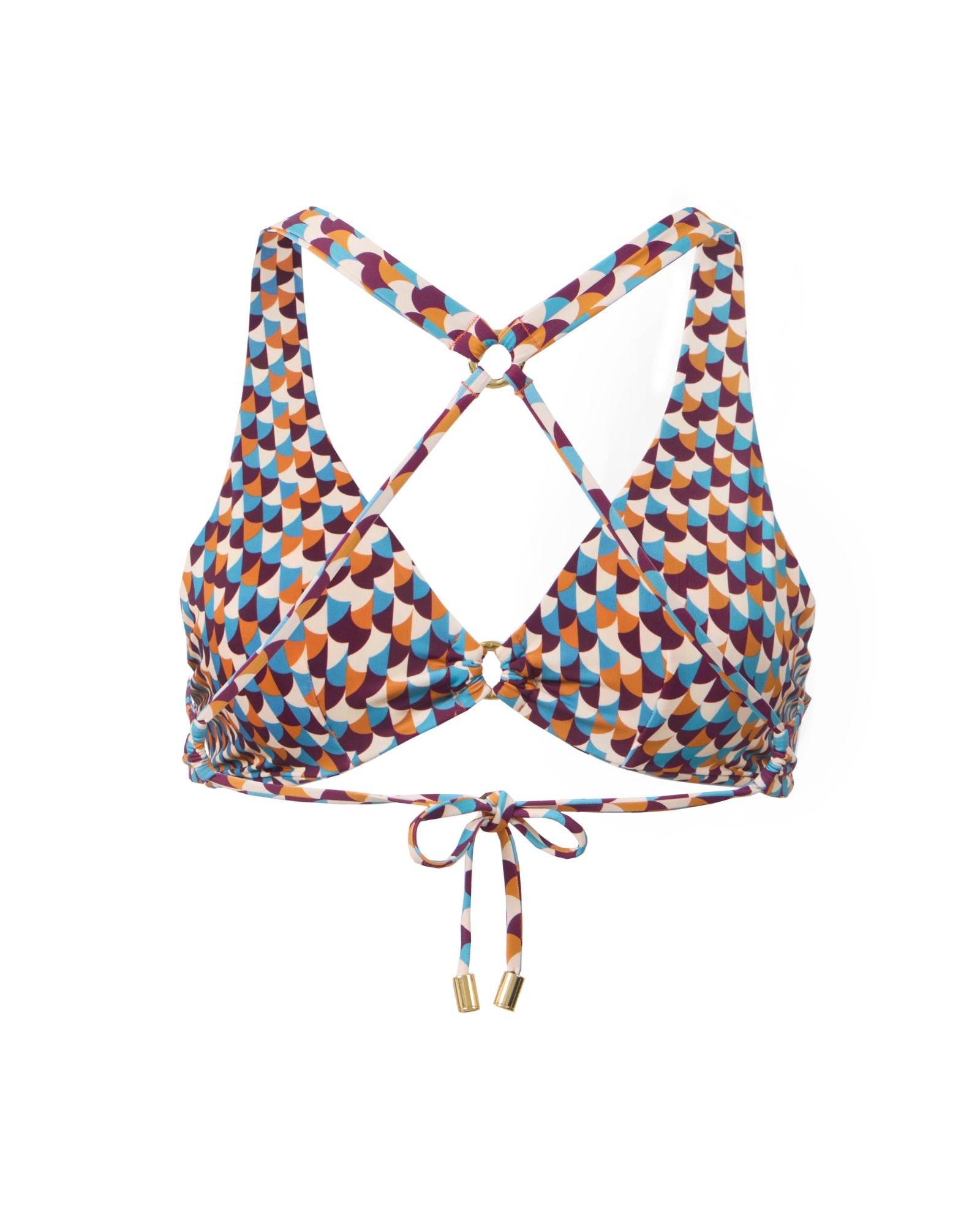 Ghost-mannequin cutout of the Toco Havana halter bikini top in the Siren print, showing the adjustable cross-back straps and tie