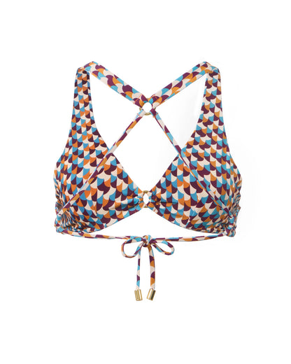 Ghost-mannequin cutout of the Toco Havana halter bikini top in the Siren print, showing the adjustable cross-back straps and tie