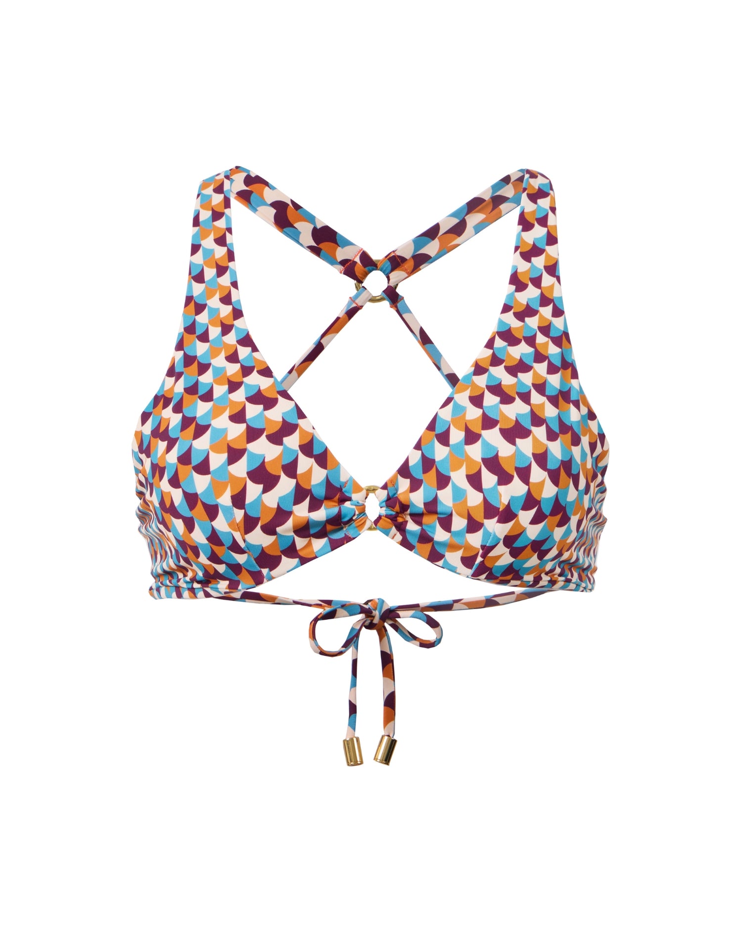 Ghost-mannequin cutout of the Toco Havana halter bikini top in the Siren print, front view with gold ring detail