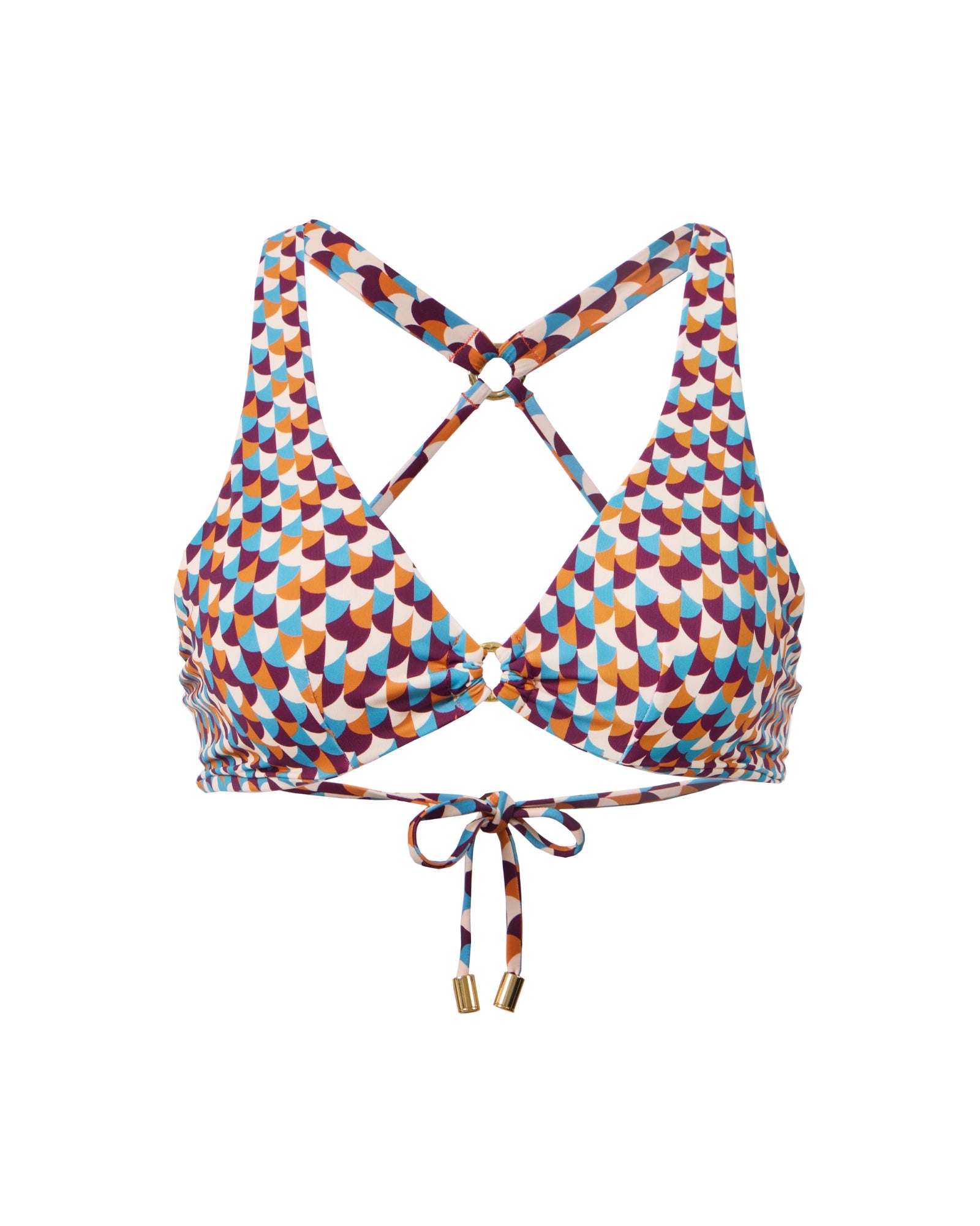 Ghost-mannequin cutout of the Toco Havana halter bikini top in the Siren print, front view with gold ring detail