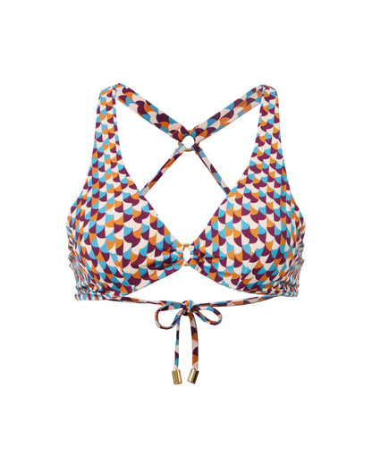 Ghost-mannequin cutout of the Toco Havana halter bikini top in the Siren print, front view with gold ring detail