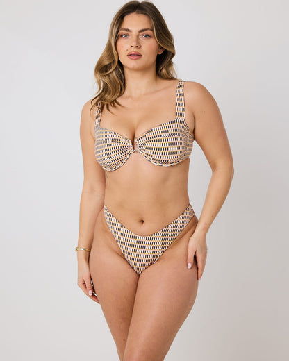 Maraval underwired balconette bikini top in Sahara geometric print, front view showing structured cups and gold centre hardware.