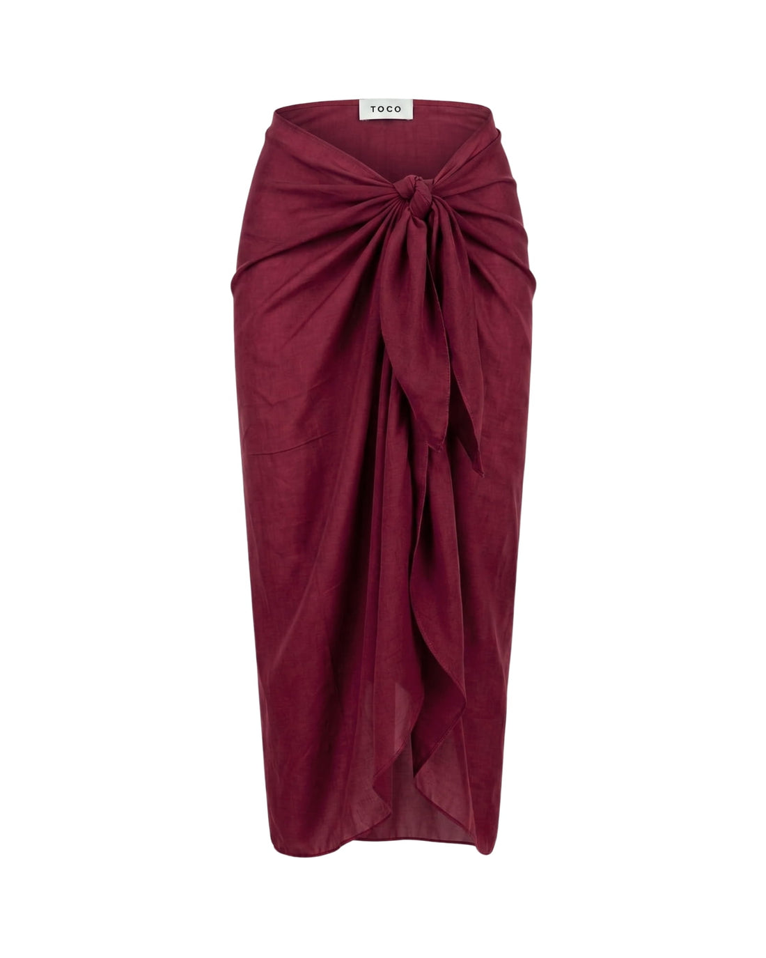 Toco Swim Shiraz maxi sarong in solid wine burgundy, tied at the waist