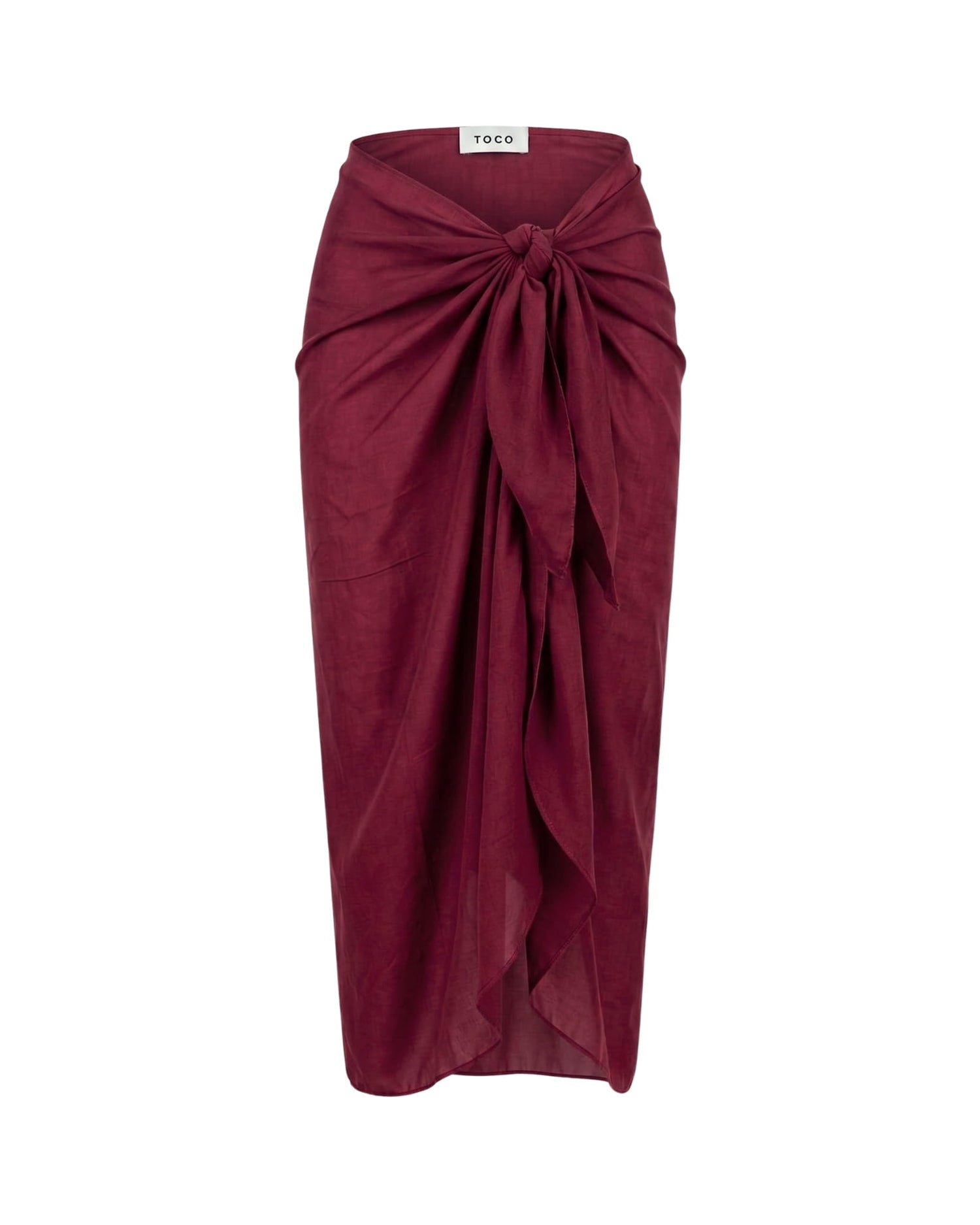 Toco Swim Shiraz maxi sarong in solid wine burgundy, tied at the waist