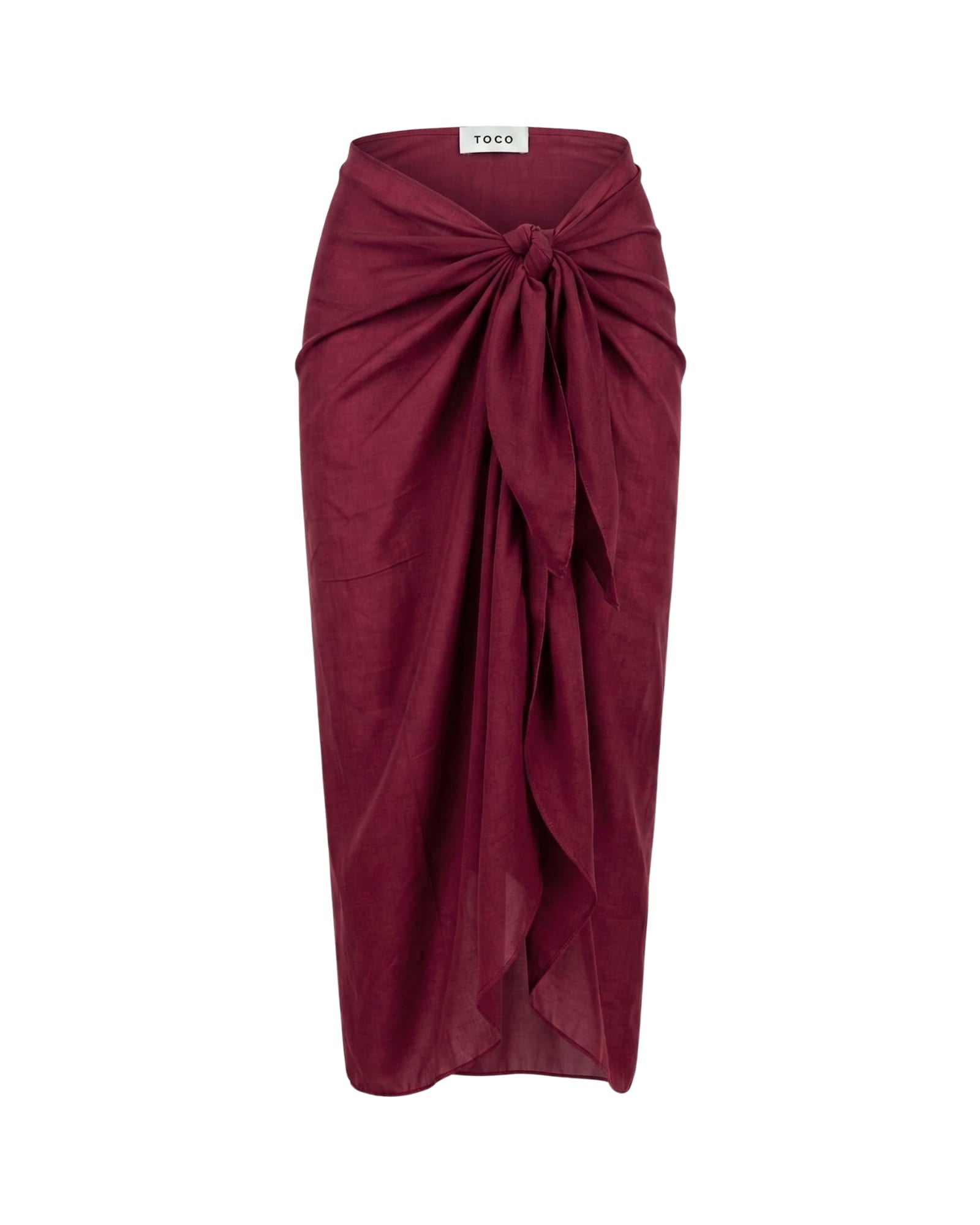 Toco Swim Shiraz maxi sarong in solid wine burgundy, tied at the waist