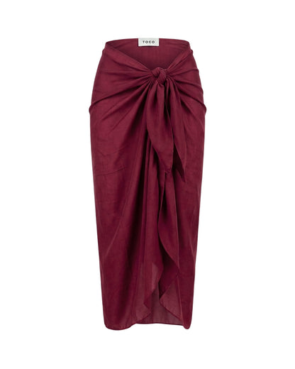 Toco Swim Shiraz maxi sarong in solid wine burgundy, tied at the waist