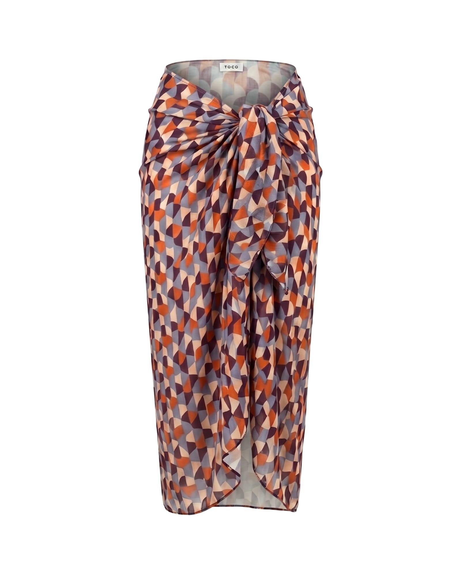 Toco Swim Siren maxi sarong in a retro terracotta, blue and plum scallop print, tied at the waist